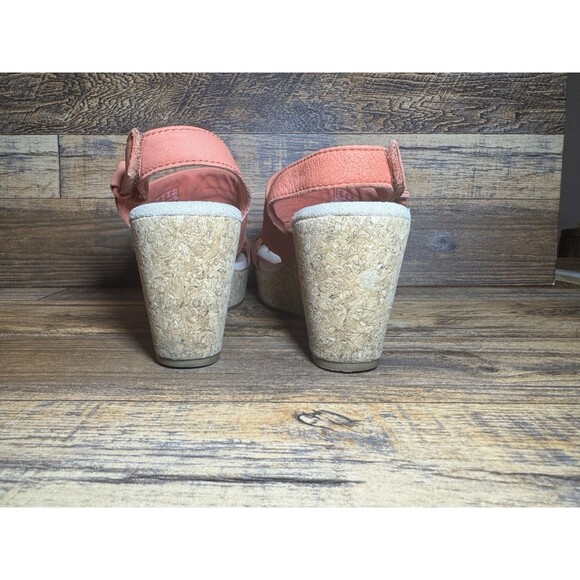 Women's Clarks Coral Pink Cork Wedge Sandals 3" Heel Size 7 1/2 Peep Toe Annadel - Picture 5 of 11